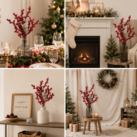 Branche de Noël artificielle rouge dense avec baies et cônes de pin, fleurs en gros pour arbres de Noël, décoration intérieure, fournitures florales pour mariages
