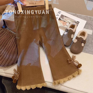 Tongxingyuan Girls Knitted Wide Leg Pants With Bow And Lace Trim Winter Casual Pants For Children Solid Color Cotton Fabric - Product Image 2