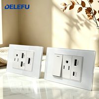 DELEFU - Placa de Pared Modular con Interruptor y Enchufe de Vidrio Templado Estándar Estadounidense, Color Blanco, NEMA 5-15