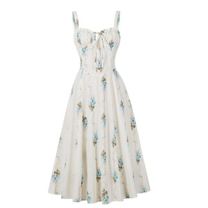 Abito slip <span class=keywords><strong>elegante</strong></span> a vita alta <span class=keywords><strong>con</strong></span> <span class=keywords><strong>scollo</strong></span> a barchetta, linea ad A, fantasia floreale e dettagli a fiocco alla francese, lunghezza media - Product Image 1