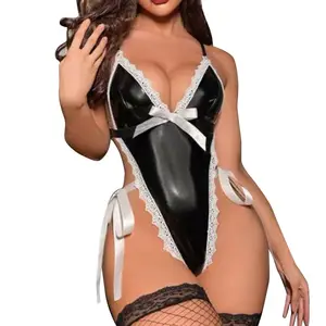 European And American Erotic Lingerie Sexy Women's Patent Leather Jumpsuit Hollowed Out Backless Uniform Seductive