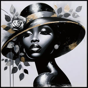 Lukisan Kanvas Seni Pop Berkilau Wanita Afrika Cantik, Dekorasi Dinding Berbingkai, Lukisan Foil Emas Wanita Berpakaian Topi - Product Image 2
