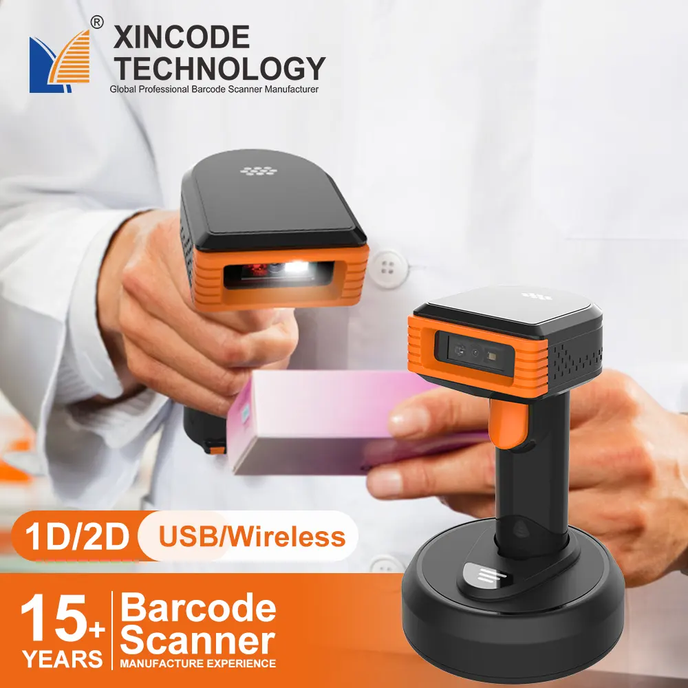 Xincode 2d Qr Price scanner portatile con codice a barre Scanner di codici a barre OCR wireless lettore di codici a barre Qrcode con culla di ricarica per supermercato