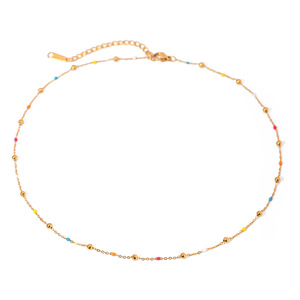 Collier délicat à perles colorées, chaîne en acier inoxydable plaqué or 14 carats, forme de boule, design géométrique, bijoux tendance - Product Image 1