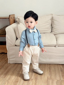 Ensemble deux pièces printemps-automne pour bébé : chemise à carreaux et pantalon avec nœud papillon, style européen et américain, collection 2026 transfrontalière - Product Image 4