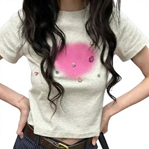Custom Women Rhinestone Crop Top <b>T</b> <b>Shirt</b> Round Neck Short Sleeve Slim <b>Fit</b> Y2K Fashion Tee <b>Cropped</b> Streetwear Top Custom Logo - Product Image 5