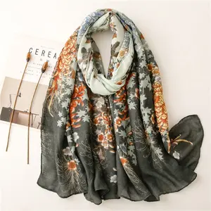 wholesale Retro Chinese style dark green flowers cotton linen feel travel sunscreen shawl ladies scarf silk scarves