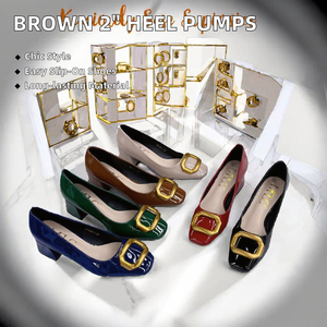 Escarpins marron foncé pour femme à bout carré et talon moyen, de haute qualité, avec boucle dorée de 2 pouces, à enfiler, respirants, en caoutchouc, printemps-été - Product Image 2