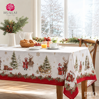 Taplak Meja Natal HuaLai 8ft X 10ft 410g Berbahan Linen dengan Cetakan Santa, Rusa, dan Kereta Salju untuk Pesta Liburan dan Acara di Rumah