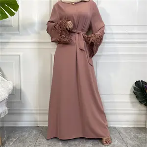 2023 New Hot Selling Einfarbige Blume Reiß verschluss Spitze Manschette Kleid Muslim Islamic Fashion Trend Langes Kleid Abaya