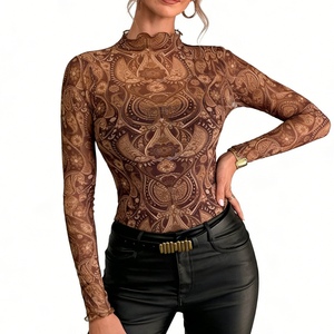 Top de malla transparente para mujer, top de manga larga con cuello alto y estampado, camisa a la moda - Product Image 5