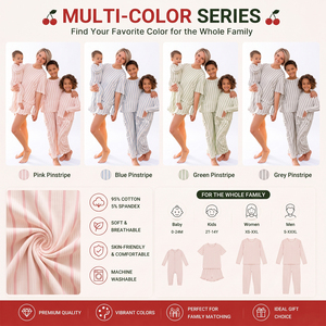 Pyjamas assortis pour la famille à rayures verticales rose clair en modal de bambou, vêtements de détente maman et moi, pantalon court à volants, tenue deux pièces pour bébé - Product Image 2