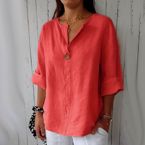 2025 nouveau Style européen et américain col en v coton <span class=keywords><strong>lin</strong></span> boutonné <span class=keywords><strong>chemise</strong></span> pour femmes ample grande taille rétro confortable haut décontracté - Product Image 5