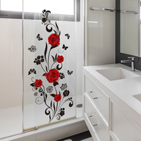 Autocollant mural auto-adhésif CT2037 pour salle de bain, motif rose rouge, papillon, fleur de vigne vintage, pour douche