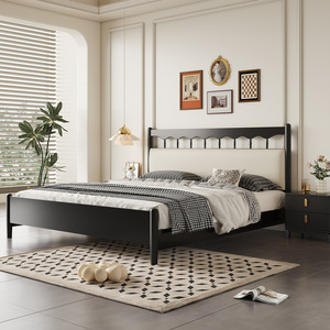 Retro Black Solid Wood Bed 1.5M 1.8M Platform With Soft Headboard For Master Bedroom - Product Image 1