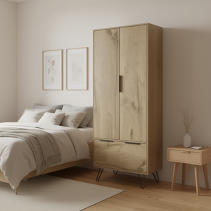 Armoire Skyoner en chêne clair, 2 portes, 1 tiroir, meuble de rangement moderne pour chambre à coucher, meuble autoportant - Product Image 2