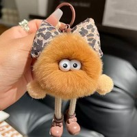 Breloque en fausse fourrure de lapin Rex, motif boule de charbon, douce, écologique, mignonne, imprimé animal, nœud, pendentif moelleux, porte-clés, ornement de sac en peluche