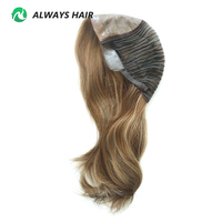 Perruque juive casher en cheveux humains Remy lisses avec dessus en soie de 12,5 pouces pour femmes, dentelle pliée de 1/8 pouce et revêtement en poly de 1 pouce sur le dessus en soie
