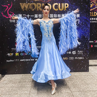 Robe de Bal Personnalisée Yundance B-26097 en Tissu Chrisanne, Luxe Plumes Bleu Clochette, Satin et Mousseline pour Compétition de Valse