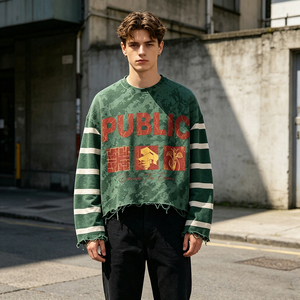 Sudadera Corta para Hombre, Estilo Urbano, con Estampado Tie-Dye y Rayas, Cuello Redondo, Algodón Grueso, Lavado Desgastado, Personalizada OEM - Product Image 3