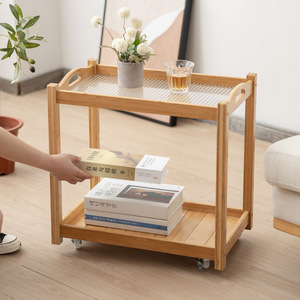 Solid Wood Side <b>Table</b> Trolley With <b>Wheels</b> Storage Shelf <b>For</b> Living Room Coffee <b>Table</b> - Product Image 3