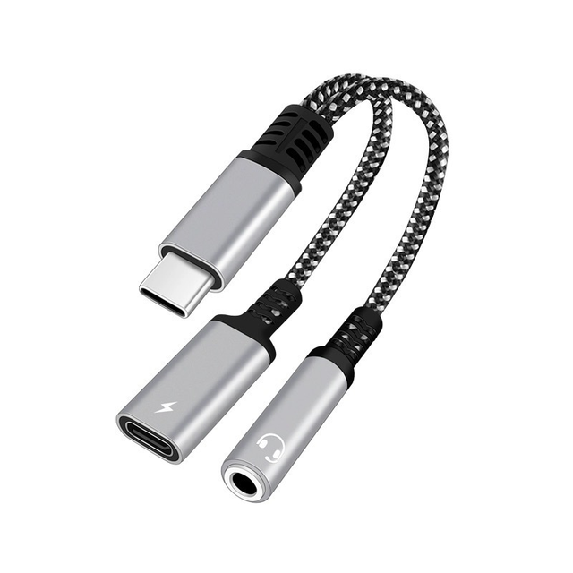 Plug and Play 2 in 1 Type-C Charge Audio Splitter Nylon Braided Mini Short Cord PD Fast Charging Audio Adapte
