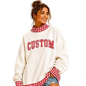 High Quality 100% Organic <b>Fleece</b> Fabric Applique Letter <b>Pattern</b> <b>Women</b> Pullover Mock Neck Sweatshirt For All Season - Product Image 1