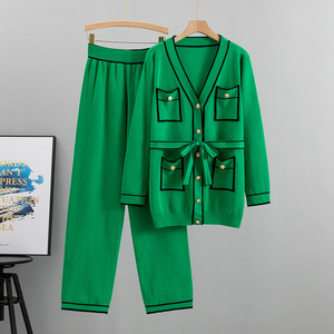 B582 комплект свитера женский комплект одежды из 2 предметов кардиган и длинные брюки с широкими штанинами - Product Image 5