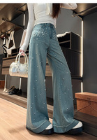 Jean large droit pour femme, taille haute, coupe ample, avec rivets décoratifs, style décontracté, collection printemps