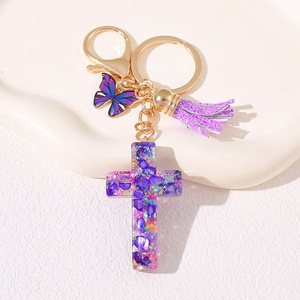 Llavero de Cruz al por Mayor, Llavero Cristiano con Flecos de Mariposa, Cristal, Resina, Colgante, Amuleto Religioso - Product Image 4