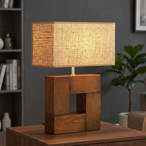 Modern Simple Wooden <b>LED</b> Table Lamp Geometric Bedside Floor <b>Light</b> E26 AC <b>Wire</b> Fabric Lampshade Warm White Bedroom Living Room - Product Image 3
