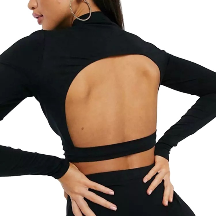 Custom High Neck Long Sleeve Black Plain Color Yoga Top Blouse Hollow Out Back Women Crop Top
