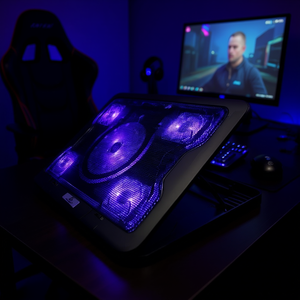 Violet LED 5-Fan <b>Cooling</b> <b>Pad</b> for Gaming <b>Laptops</b> Up to 17 Inches, Air-Cooled Plastic Base with USB Port and 5 Adjustable Position - Product Image 2