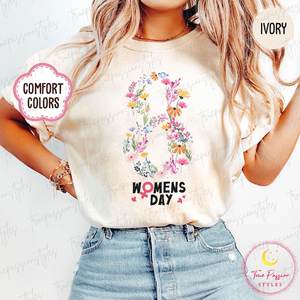 T-shirt da Donna Comfort Colors per la Giornata Internazionale della Donna, Stampa Floreale, Girocollo, Vestibilità Regolare, 100% Cotone Jersey, Primavera - Product Image 3