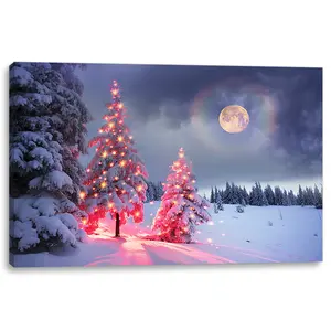 Lienzo de fibra óptica de árbol de Navidad, pintura de paisaje de invierno, nieve blanca, lienzo impreso, fácil