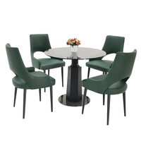Ensemble de table à manger ronde en verre avec 4 chaises en cuir PU vert