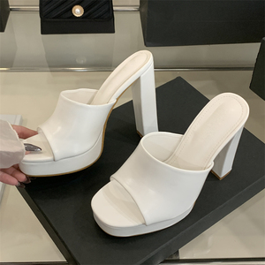 Sandales d'été 2025 pour femmes à talons hauts en cuir véritable, style mules à bout ouvert, rehaussantes, noires, à talon épais et confortables - Product Image 2