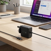 Chargeur GaN 100W avec prise UK et câble USB-C intégré, adaptateur secteur 100W Type-C avec cordon pour téléphone et ordinateur portable