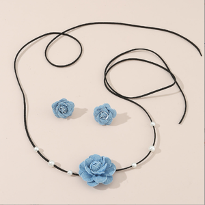 أزياء الدنيم كاميليا زهرة اللؤلؤ القرط مرصعة قلادة النساء العصرية قابل للتعديل Bowknot حبل المختنق المجوهرات - Product Image 3