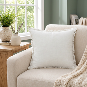 Premium Linen Cushion Cover with Fringe Trim | White Decorative <b>Square</b> Throw <b>Pillow</b> Cover for Sofa & Home Decor - Product Image 6
