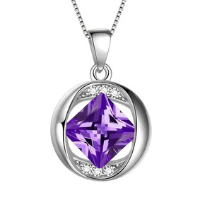 Ciondolo in Ametista Argento 925 Placcato Rodio Taglio Principessa Solitario Geometrico Classico per Uso Quotidiano Gioiello Unisex - Product Image 1