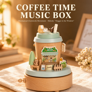 กล่องดนตรีไม้หมุนรูปแมวในร้านกาแฟ กล่องดนตรีไขลาน ของขวัญวันเกิดสำหรับคนรักกาแฟ ของตกแต่งโต๊ะทำงาน - Product Image 1