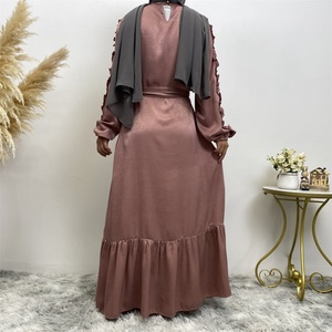 6582# Elegant Satin Crew Neck a Line Dress Long Sleeve Elasticated Cuff Back Split Button Neck Summer Women Dresses 9 Colors - Product Image 6