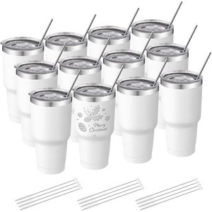 Gobelet isotherme en acier inoxydable à double paroi avec couvercle et paille, blanc, isolation thermique de 6 à 12 heures, tasse à café portable pour les voyages - Product Image 1