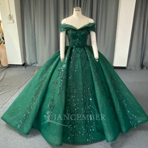 Lsany302 Royal Emerald Green Damask Scroll Rhinestone Beaded Bodice Glitter <b>Ball</b> <b>Gown</b> Quinceanera Dress Jancember - Product Image 2