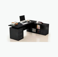 Tavolo da Ufficio e Scuola a Forma di L in Legno Nero, Design Moderno, Durevole e di Alta Qualità