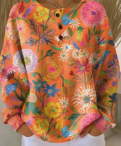 Camiseta Polo Henley Vintage para Mujer, Modelo 6551, con Estampado 3D, 3 Botones, Manga Larga, Tejido Waffle, Blusa Informal, Varios Colores - Product Image 4