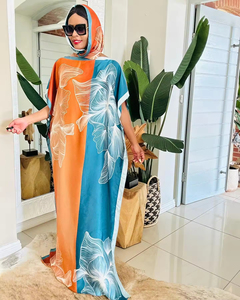 Wholesale 2026 Ladies <b>Kaftan</b> Dresses Fashion One Size Satin Printed Muslim Long African Dress With Headscarf Abaya - Product Image 2