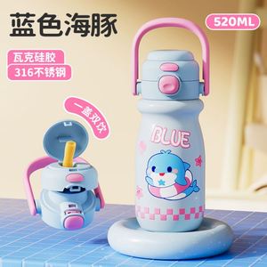Double Wall Stainless Steel Insulated Child Cartoon Children's Double Drink Bounce Water <b>Bottle</b> Flask Straw Cup With Handle - Product Image 5