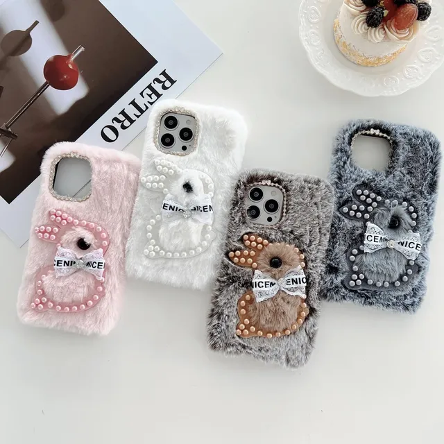 Cute Winter Warm Full Plush Downy Cover Fluffy Pearl Rabbit Phone Case for Iphone 16 15 14 13 Mini 12 Pro Max 11 Xs Xr 7 8plus